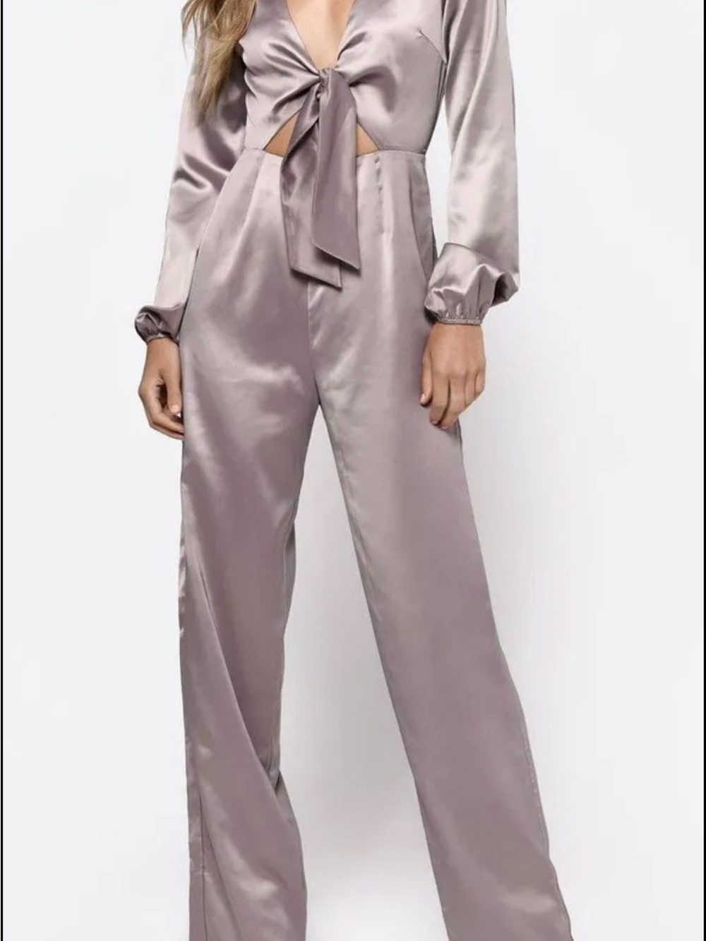 Tobi Satin Tie-Front Wide Leg Jumpsuit in Mauve